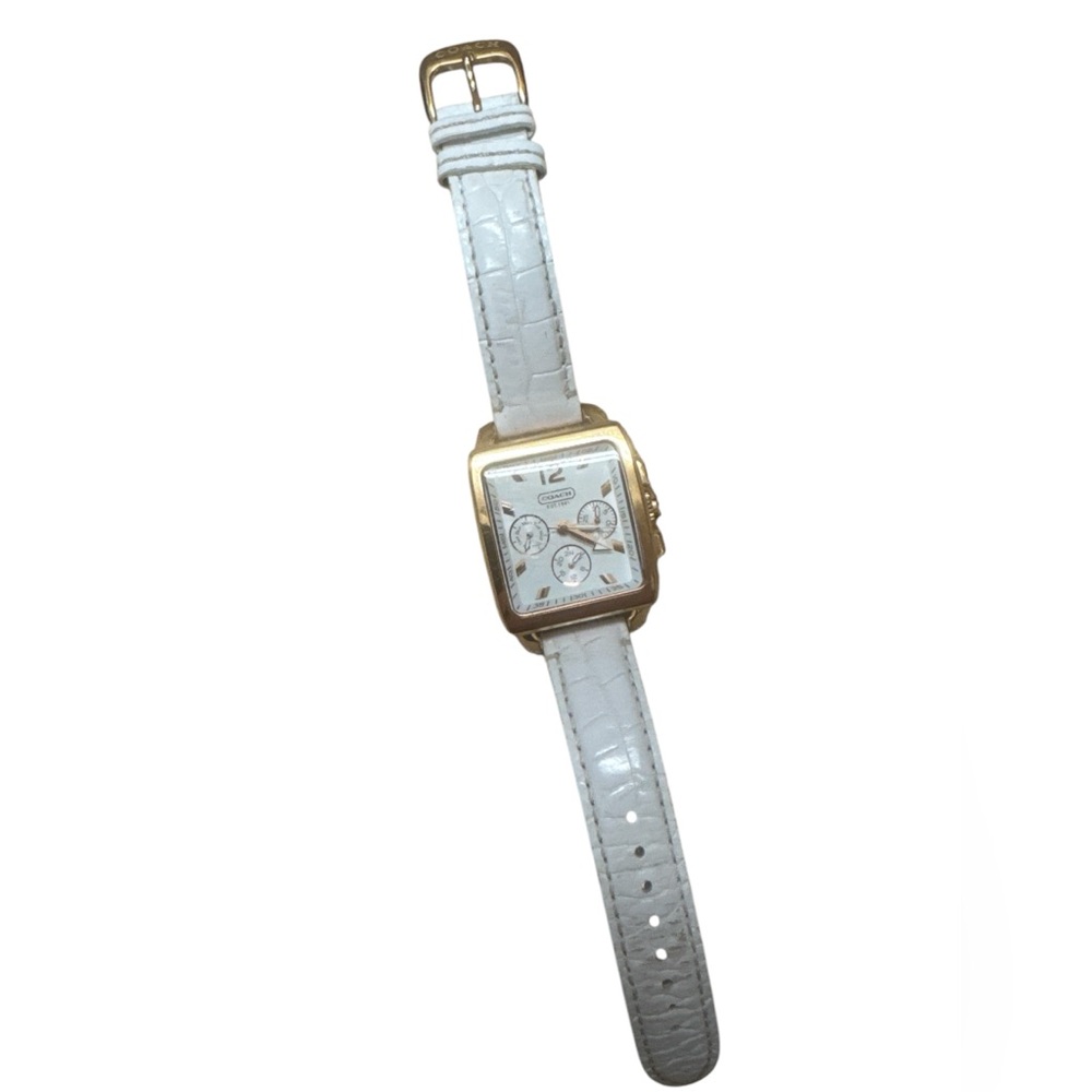 Coach White Gold Trim Square Watch Leather Band Multifunction Chronograph Wrist